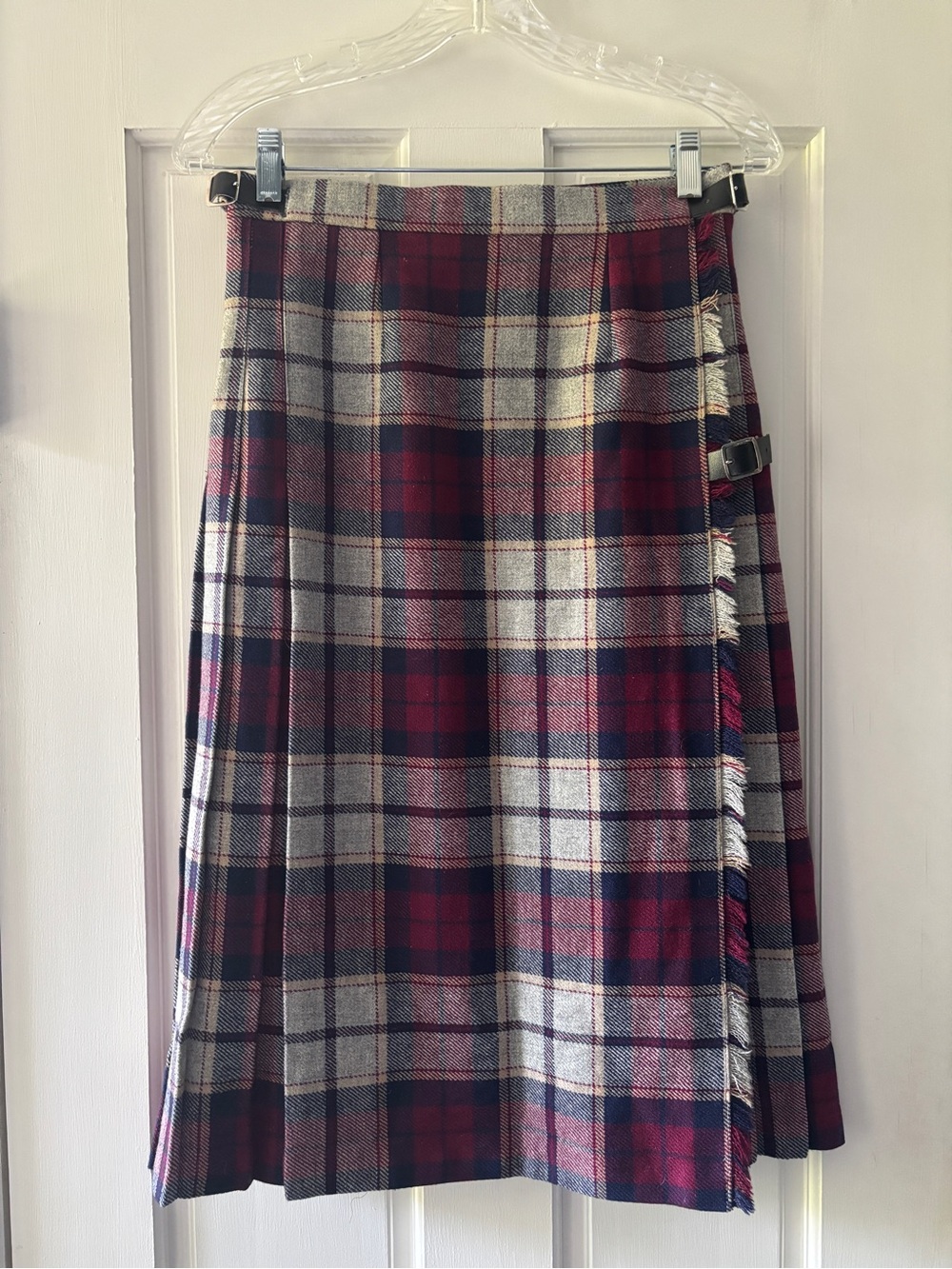 British Wool Vintage Plaid Kilt Skirt in Red and Gray